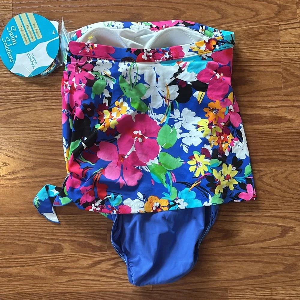 NEW Swim SolutionsTummy Control Colorful Tropical Floral Faux Tankini Size 10‎